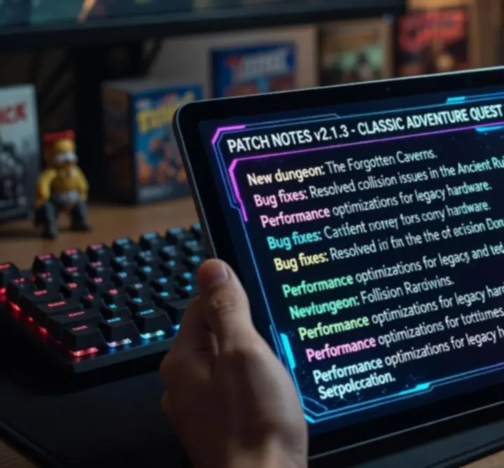 Tablet z wyświetlonymi notatkami aktualizacji gry przygodowej